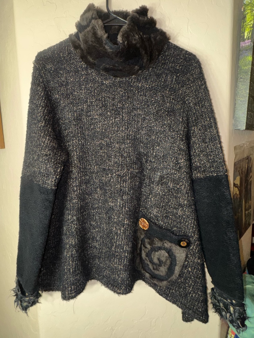 Lee Andersen Faux Fur Collar Asymmetrical Sweater Jacket Black Brown USA M Boho